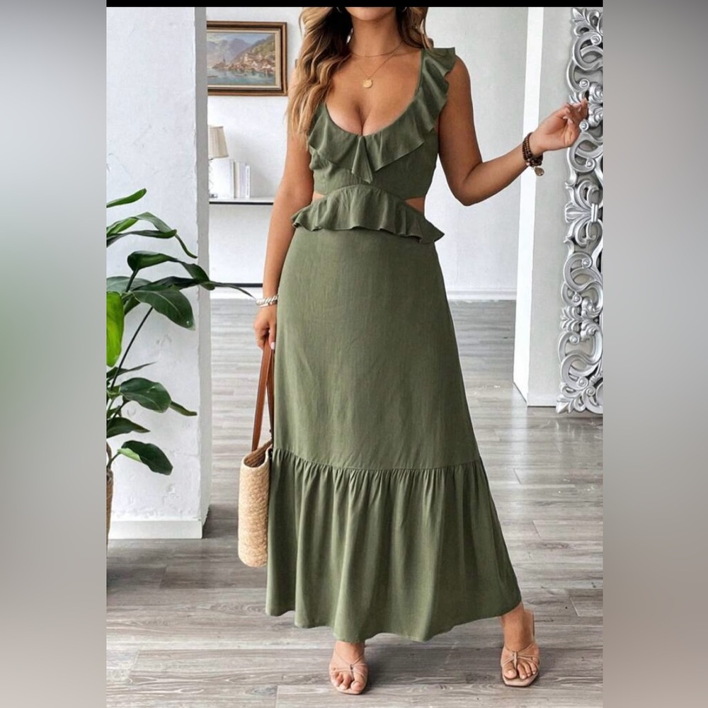 SHEIN Olive Green Ruffled Cutout Maxi Skirt Dress
